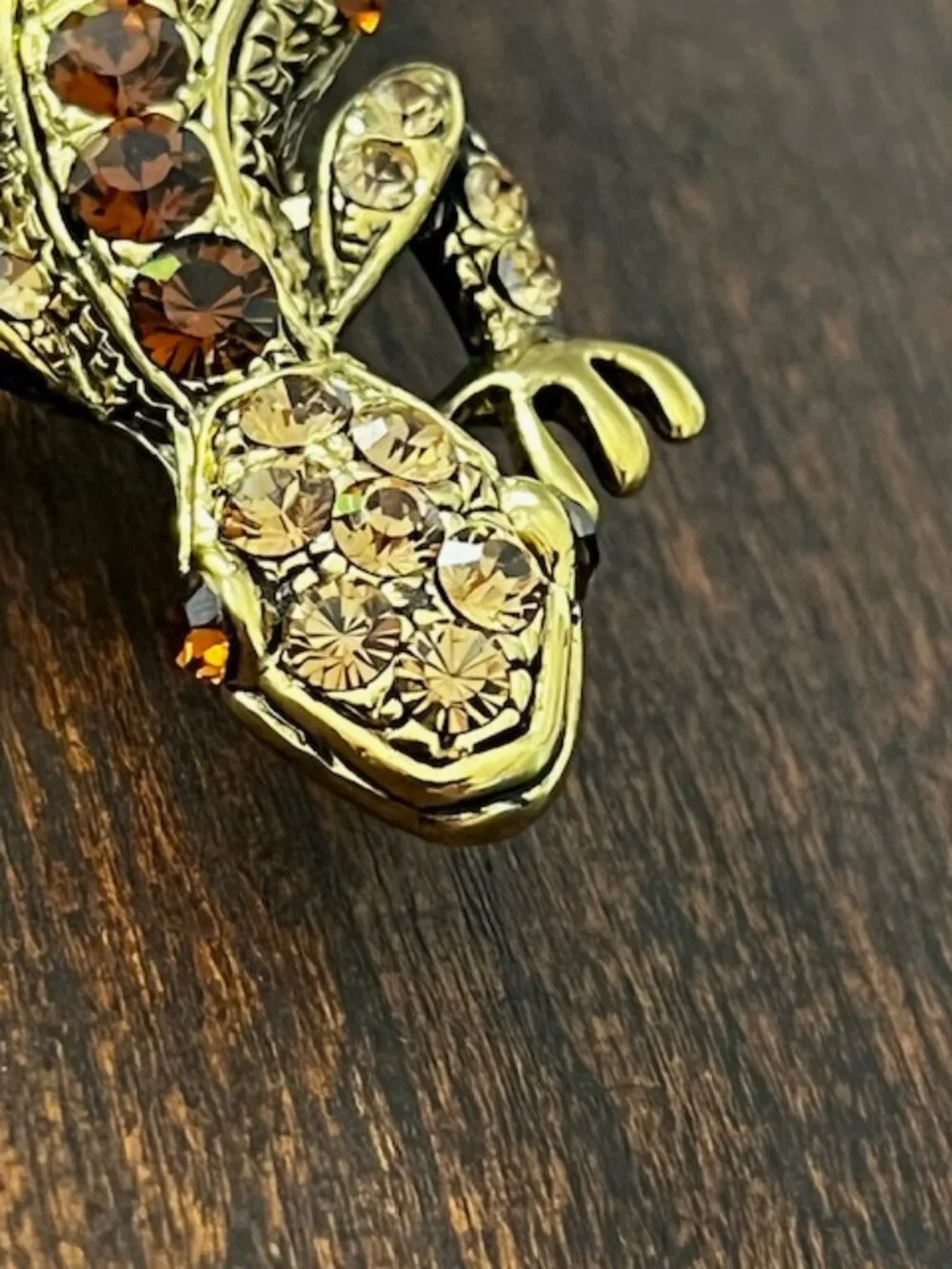 Lizard Brooch Pin Amber Gold Rhinestones Gold Tone Setting